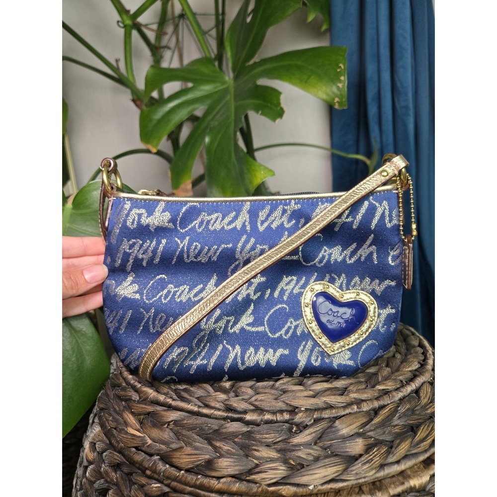COACH Poppy Signature Script Lurex Blue Gold Jacquard Leather Swingpack‎ Bag